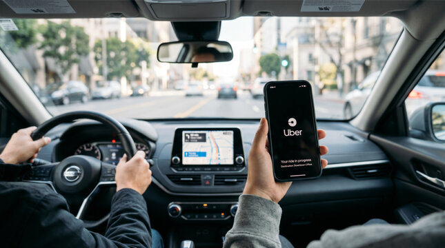Passenger hand holding a smartphone with Uber rideshare app interface on screen during trip in a car with driver steering wheel navigation dashboard map and city street background view mockup.