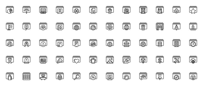 Calendar and events icon set. Minimal line vector icons pack. Featuring calendar date, birthday, Valentine's day, Christmas, Easter, St. Patrick's day, and more. Editable stroke.