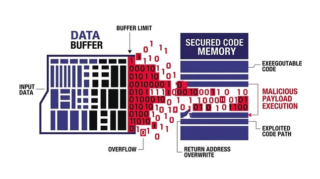 Conceptual illustration of a buffer overflow attack explaining how malicious payload execution overwrites secured code memory