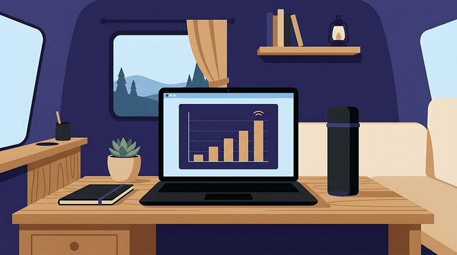 Remote work inside a cozy camper van with a laptop on a wooden desk showing business charts