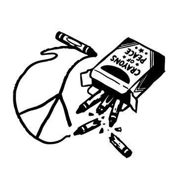 Conceptual black and white line art of a spilled box of crayons with broken pieces, drawing an unfinished peace symbol. Metaphorical illustration of broken peace, war, conflict, and disrupted harmony.