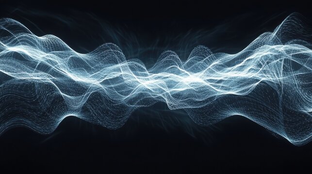 Laser beam divergence intricate wave interference patterns flowing mesh structures digital visualization cyan white abstract quantum physics optical