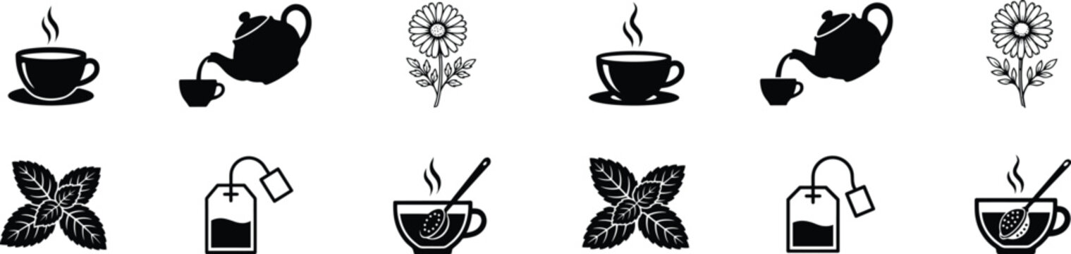 Black silhouette icons of tea brewing elements cups pots and herbal leaves isolated on transparent backdrop.