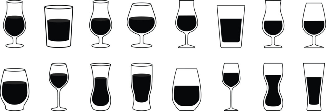 Collection of various drinking glass shapes and wine goblets displayed as black silhouettes and outlines.