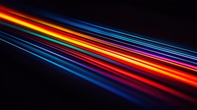 Laser beam modulation creating vivid spectrum interference patterns with diagonal light streaks cyan blue purple magenta yellow orange red flowing across dark background