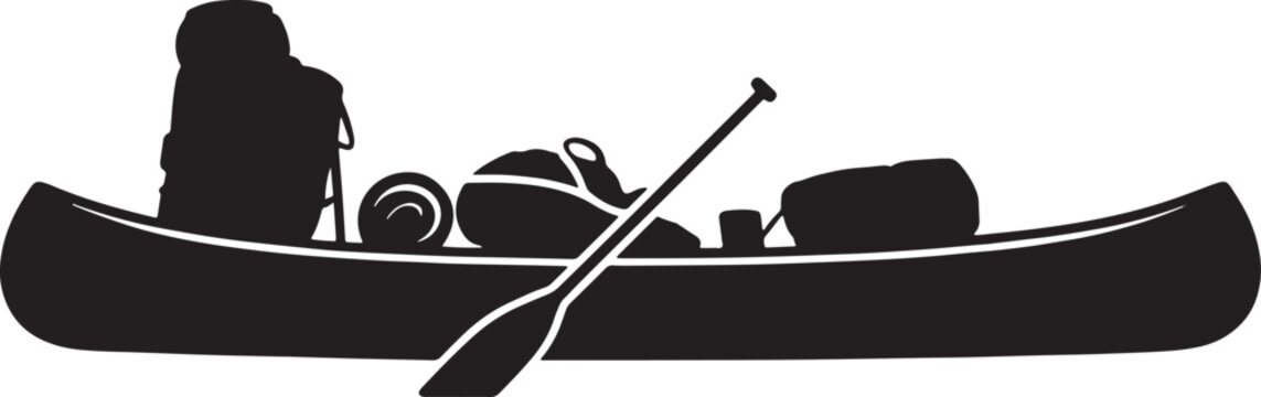 Canoe camping gear backpack and paddle profile silhouette in solid style on white background