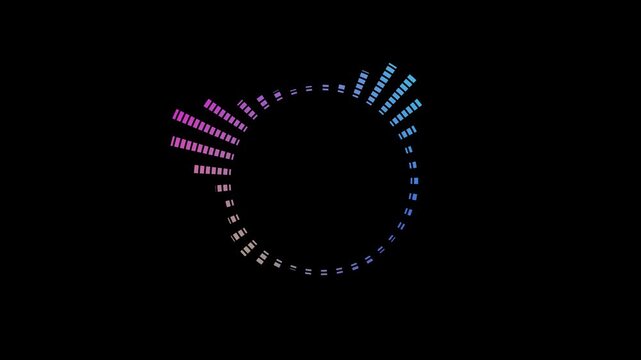 Circular audio waveform spectrum animation on black background, futuristic sound wave ring visualizer loop in 4K resolution with digital frequency lines for music and podcast projects.