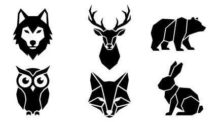 Fototapeta premium Minimalist black and white vector graphic set featuring stylized geometric wild forest animal silhouette icons