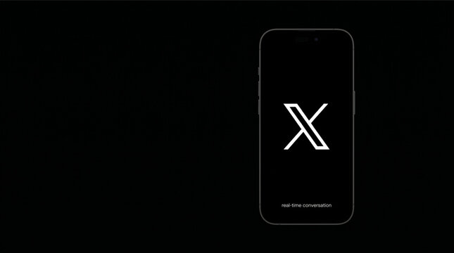 Smartphone iPhone with X app logo on screen on black background. Minimal mobile application interface mockup for real-time conversation and social media networking with brand logotype display.