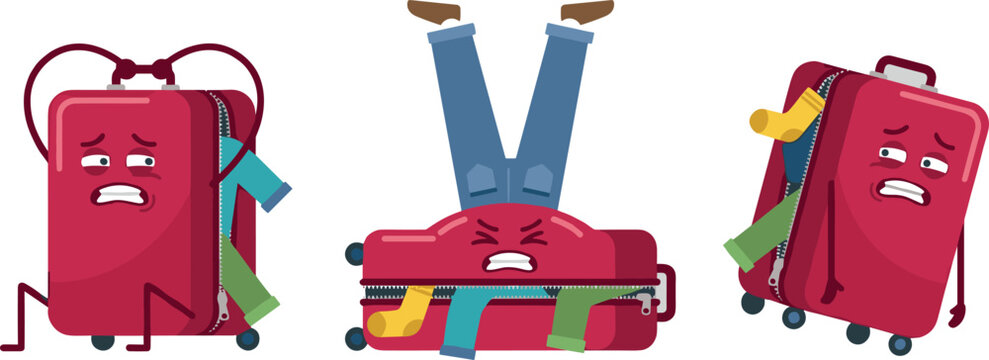 Funny Red Luggage Character Vector Set with Overpacked Suitcases, Bursting Zippers, Cluttered Clothes, and Stressed Expressions for Travel and Packing Concept Layouts
