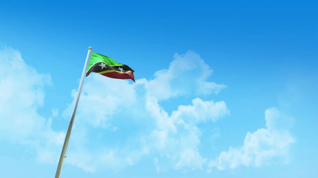 Saint Kitts and Nevis Flag 3D Render Animation on Pole with Blue Sky and Clouds - Low Angle View