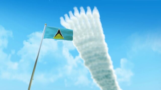 Saint Lucia Flag 3D Render Animation on Pole with Fighter Jets Smoke Trails in Blue Sky - Low Angle View