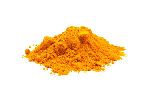 Pile of organic turmeric powder isolated on white background.
