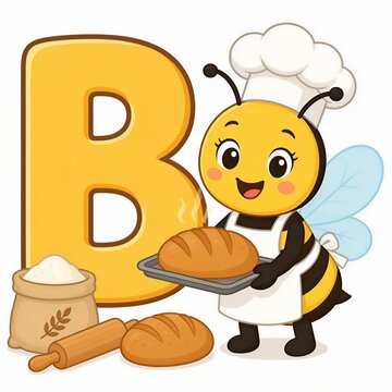 abc phonics, smiling bee baker making bread beside large letter B, chef hat and warm bread, children educational illustration, pastel color palette, thick clean outlines, flat vector cartoon style