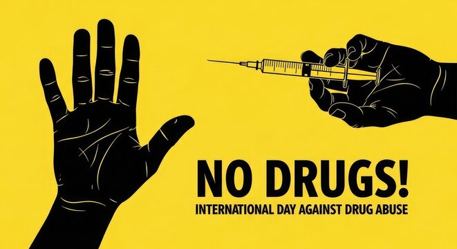 International anti drug day banner with human silhouette hand refusing syringe on bright yellow background design
