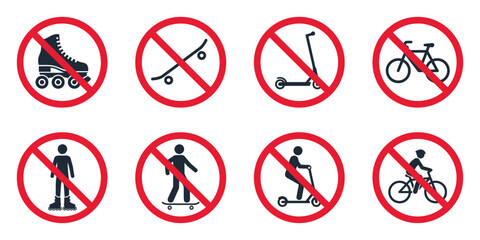 Roller Skate Prohibition Icon Collection with Bicycle Restriction Pictograms, Skateboard and Kick Scooter Symbols, Green Permitted Signs and Safety Warning Icons © jeson d gebriya