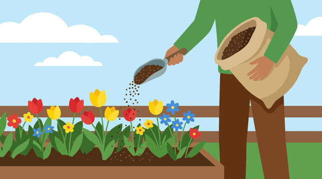 Organic Fertilizer Being Spread on Flower Bed