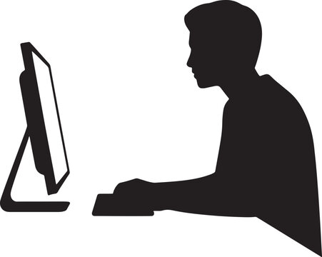 Person using computer silhouette in solid style with black monitor on white background keyboard