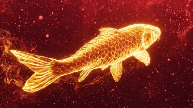 Glowing orange koi fish swimming right.