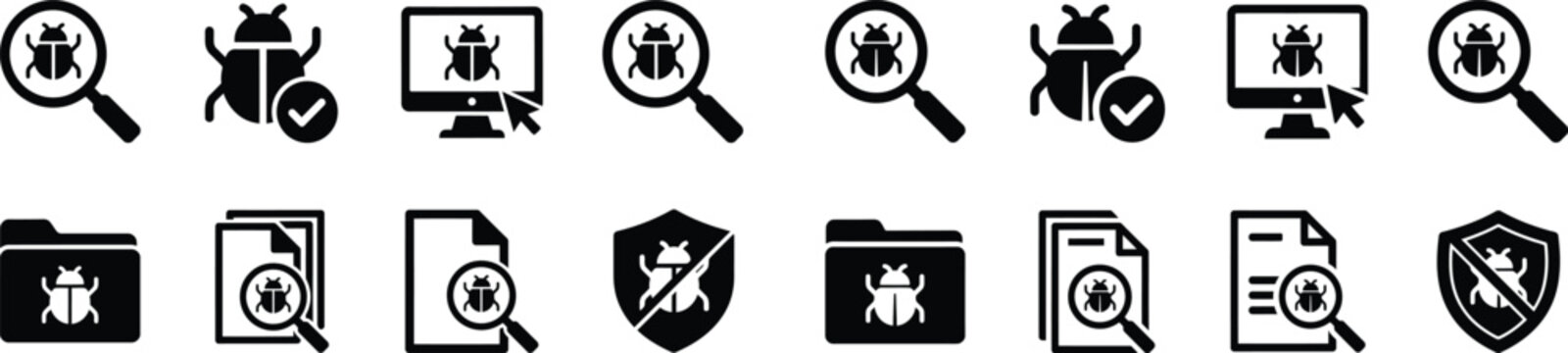 Bug icon set computer virus folder security magnifying glass shield vector illustration.