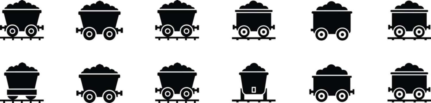 Set of mining cart icons in different styles on transparent background.