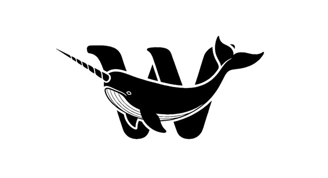 Black and white whale with narwhal tusk design.