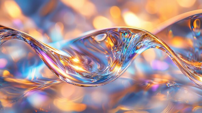 Laser beam divergence through liquid refractive medium with iridescent light dispersion flowing transparent forms colorful bokeh background abstract optical