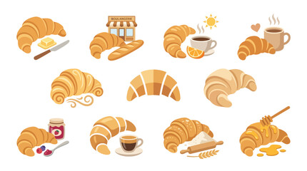 Collection of delicious croissants with various accompaniments like coffee, butter, jam, and honey. © tr