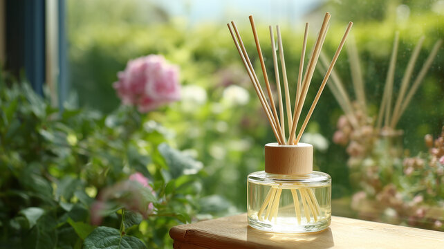 A reed diffuser is prominently featured in this eye level, detailed shot, positioned on a light brown wooden table. the diffuser has a clear glass container holding. Ai generated