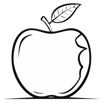 Simple black and white outline drawing of a ripe apple with a single leaf and bite mark