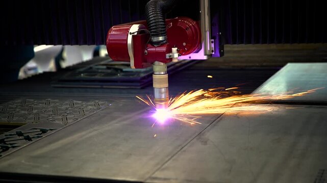 Industrial cnc plasma cutter processing metal plate with bright sparks in heavy manufacturing workshop.