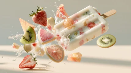 Fruit Popsicle Splash: A refreshing fruit popsicle, bursting with vibrant strawberries, kiwi slices, and grapefruit segments, is captured mid-splash in a delightful frozen treat. © medienvirus