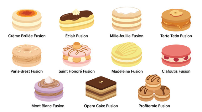 A collection of twelve different French fusion desserts, each with its own unique name and presentation.