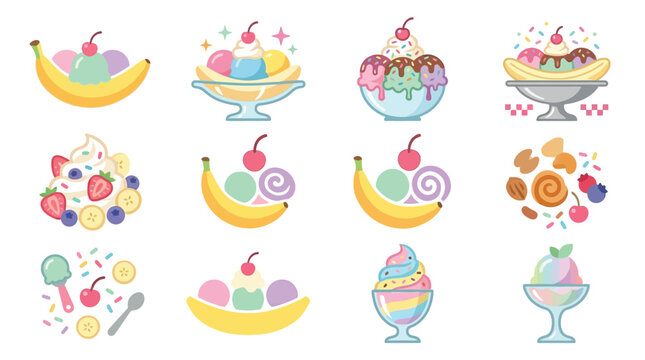 Collection of colorful and delicious ice cream desserts and sundaes, including banana splits and fruit toppings, presented in a flat design style.