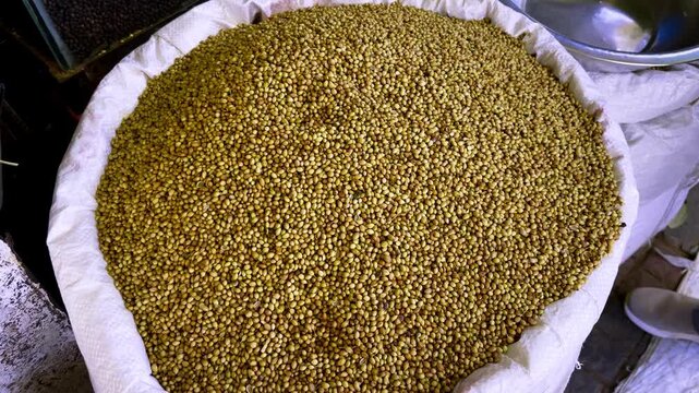 Close up view of whole coriander seeds displayed in a large sack at a traditional market in Indore Madhya Pradesh India used as a common spice in Indian cooking.