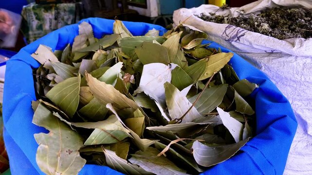 Close up view of dried bay leaves displayed in a container at a traditional spice market in Indore Madhya Pradesh India used as an aromatic ingredient in cooking and food preparation.