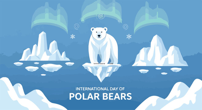 Polar bear on iceberg with icebergs and snowflakes