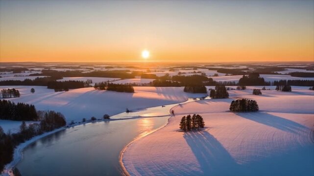 Aerial drone footage showing vast beautiful winter landscape at sunrise with winding frozen river reflecting golden light surrounded by snow covered fields and pine forests
