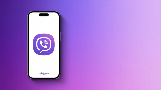 Rakuten Viber messaging and calling application interface displayed on a modern smartphone screen iPhone 15 Pro mockup. Elegant violet and purple gradient background with copy space for UI design.
