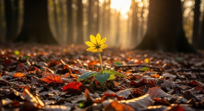 Yellow flower sprouting through autumn forest floor leaves