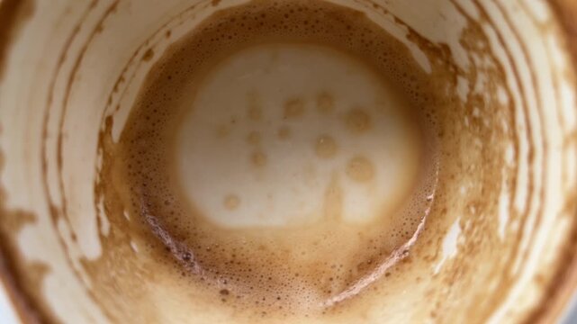 extreme close up view of empty coffee cup after drinking. white cup or mug.  Cafe, coffe shop, restaurant. copy space, empty, free, negative, text, design. brown. background. top view