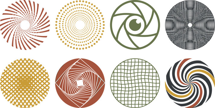 Abstract Geometric Circular Badge Icon Set with Optical Illusion Shutter Swirl Halftone and Wavy Line Grid Elements for Vintage Modern Graphic Designs