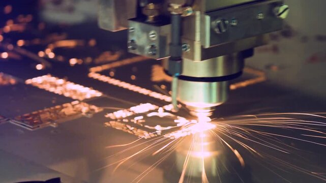 Industrial laser cutting machine carving intricate patterns on metal sheet.