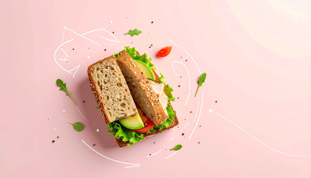 Fresh Whole Grain Avocado Sandwich with Crisp Lettuce and Tomatoes on a Minimalist Pastel Pink Studio Background