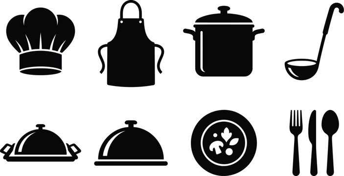 Catering Service Silhouette Icon Set with Chef Hat Cooking Pot Serving Tray Plate Ladle Cutlery Food Cover Apron Vector Clipart