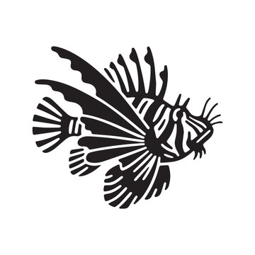 Black and White Silhouette Vector Illustration of a Venomous Exotic Lionfish Swimming. 