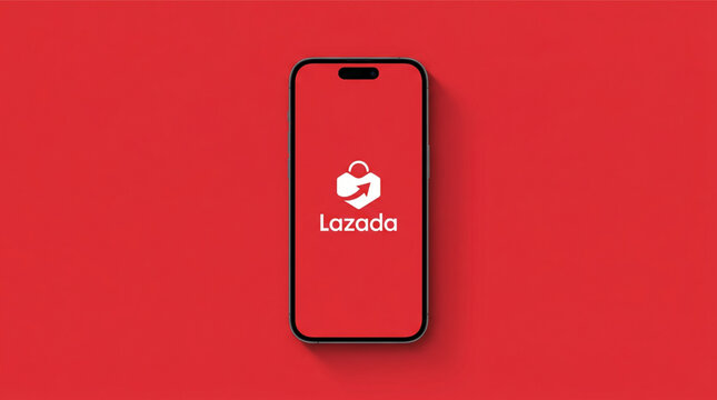 Smartphone iPhone 15 Pro with Lazada e-commerce shopping app interface on the screen. Minimalist mockup on solid red background. Online retail marketplace mobile application branding and logo.