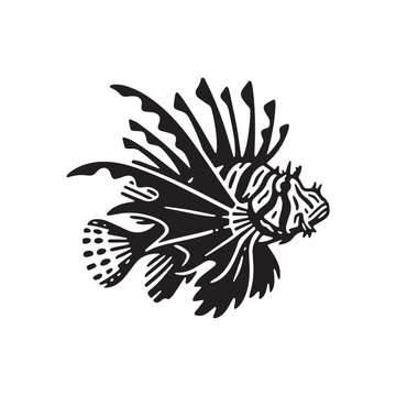 Black and White Silhouette Vector Illustration of a Venomous Exotic Lionfish Swimming. 