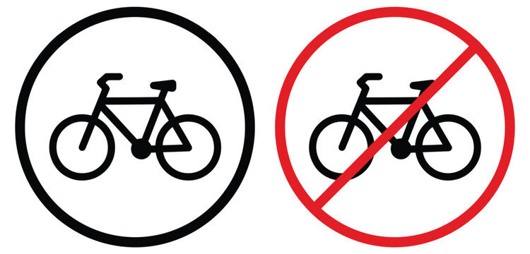 No bicycle sign and bike zone sign vector icon isolated on white background for traffic regulation cycling restriction safety warning urban transportation control symbols, editable vector illustration