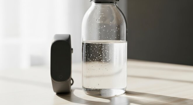 Water bottle and fitness tracker on table.